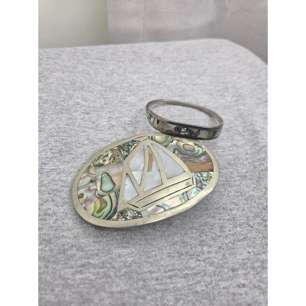 Vintage Large Alpaca Silver Belt Buckle Matching Bracelet Set Abalone Inlay
